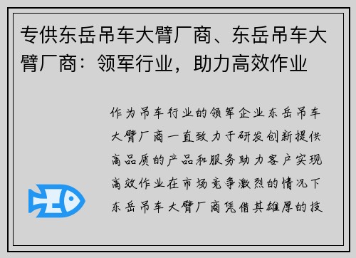 专供东岳吊车大臂厂商、东岳吊车大臂厂商：领军行业，助力高效作业