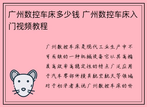 广州数控车床多少钱 广州数控车床入门视频教程